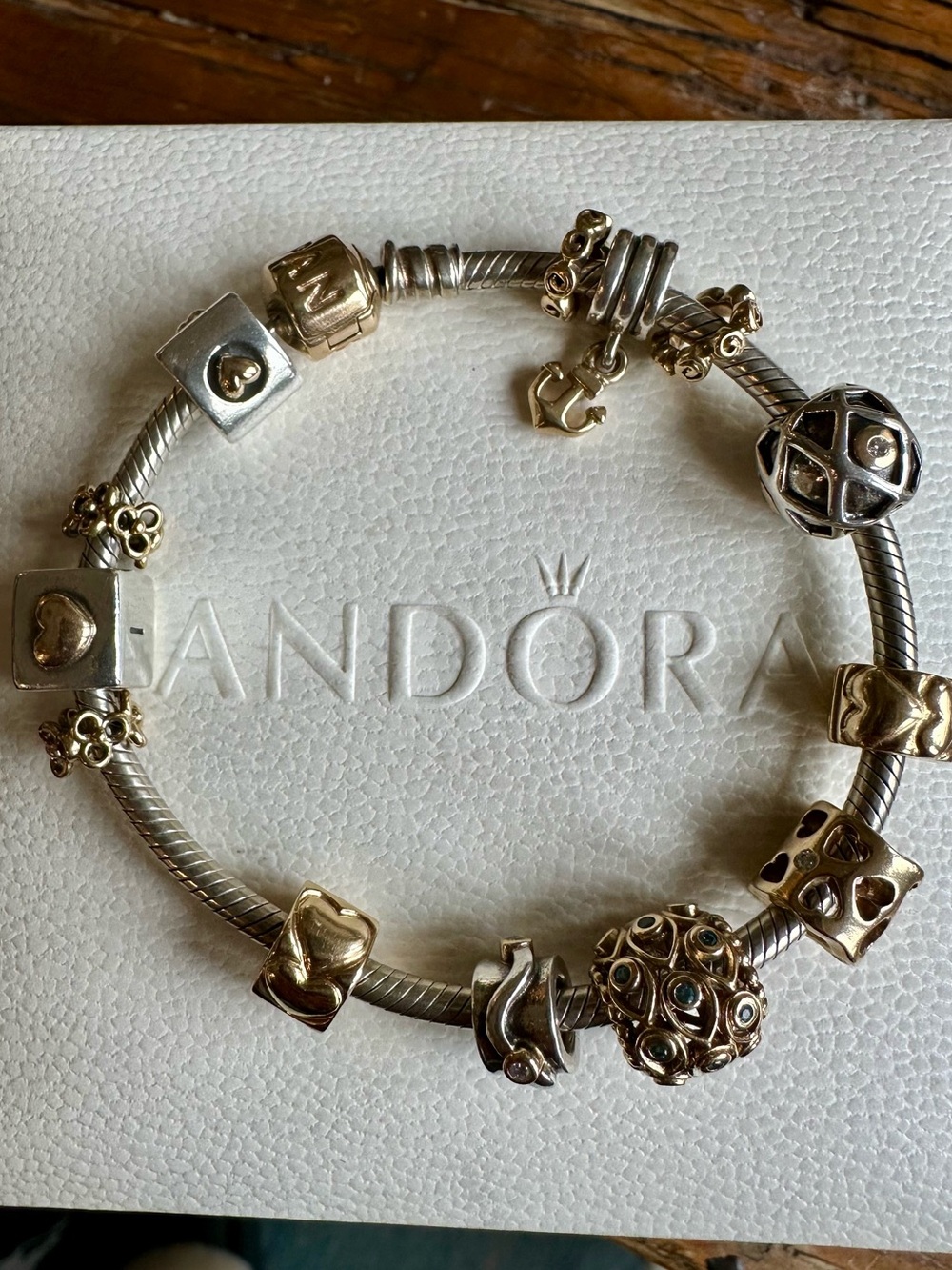 Pandora Retired 14k & Sterling Silver Bracelet w 13 charms- diamonds